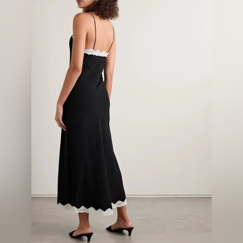 LoveShackFancy Black Midi Slip Dress with White Lace Bow and Trim - Picture 3 of 7